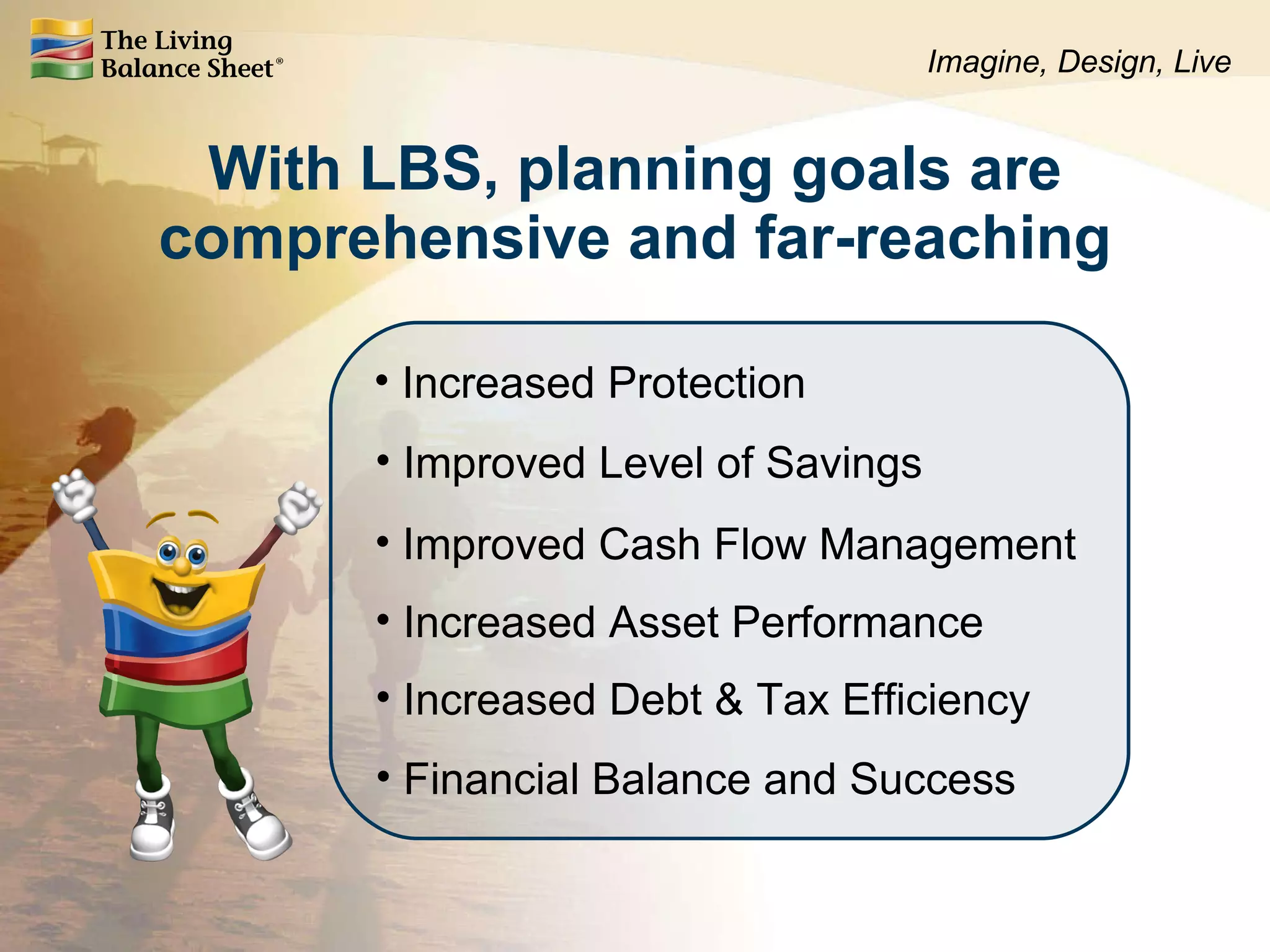 With LBS, planning goals are comprehensive and far-reaching Increased Protection Improved Level of Savings Improved Cash Flow Management Increased Asset Performance Increased Debt & Tax Efficiency Financial Balance and Success Imagine, Design, Live 