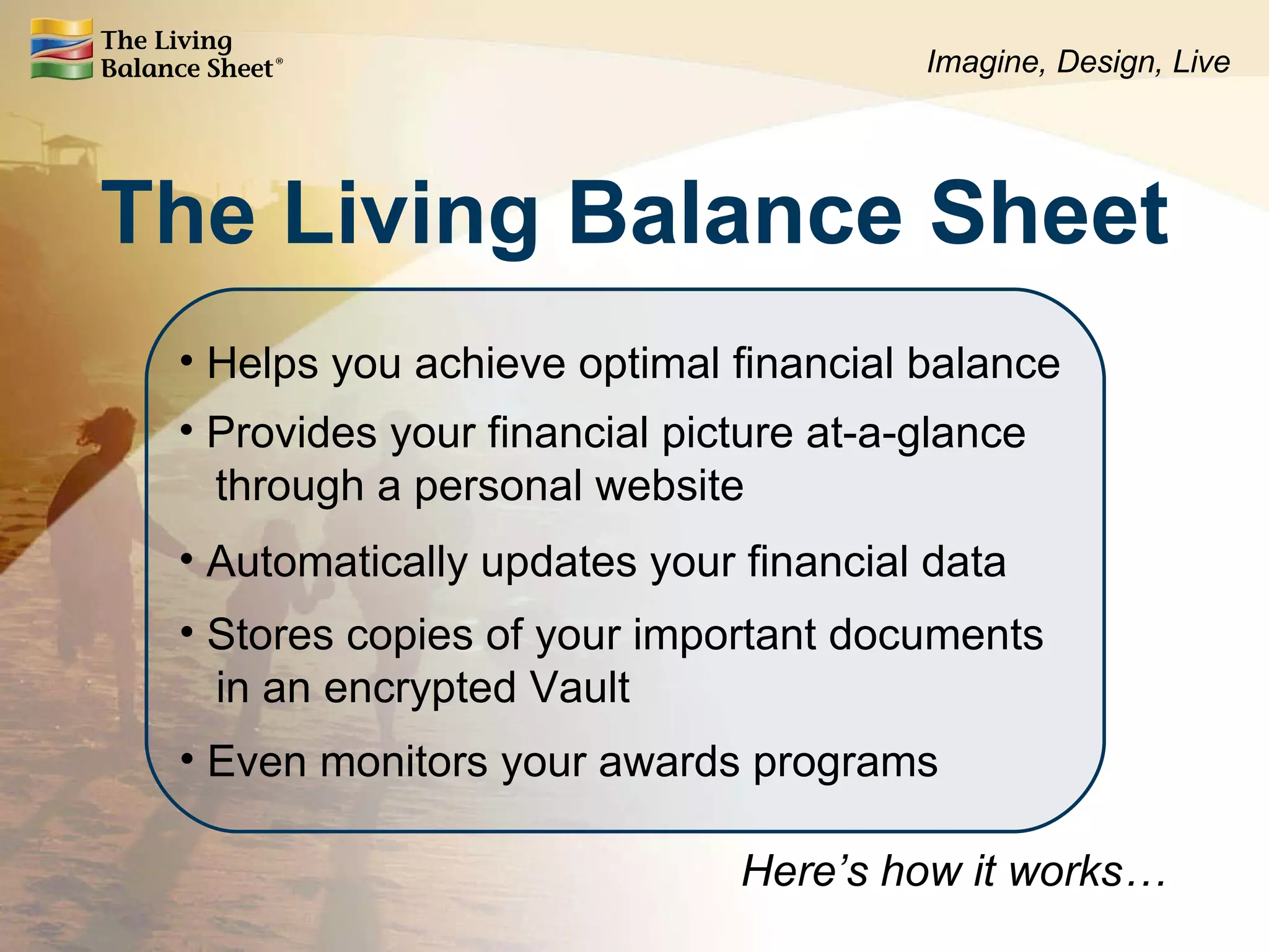 The Living Balance Sheet Here’s how it works… Provides your financial picture at-a-glance   through a personal website Helps you achieve optimal financial balance Automatically updates your financial data Stores copies of your important documents   in an encrypted Vault Even monitors your awards programs Imagine, Design, Live 