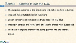 13
Brexit – London is not the U.K.
 The surprise outcome of the Brexit vote left global markets in turmoil
 Wiping $3trn off global market valuations
 British companies and investment trusts lost 14% in 3 days
 Trading in Barclays and Royal Bank of Scotland shares were suspended
 The Bank of England promised to pump $350bn into the financial
system
 