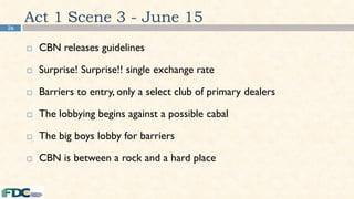 26
Act 1 Scene 3 - June 15
 CBN releases guidelines
 Surprise! Surprise!! single exchange rate
 Barriers to entry, only a select club of primary dealers
 The lobbying begins against a possible cabal
 The big boys lobby for barriers
 CBN is between a rock and a hard place
 