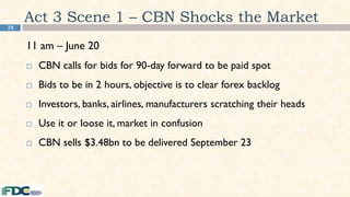 28
Act 3 Scene 1 – CBN Shocks the Market
11 am – June 20
 CBN calls for bids for 90-day forward to be paid spot
 Bids to be in 2 hours, objective is to clear forex backlog
 Investors, banks, airlines, manufacturers scratching their heads
 Use it or loose it, market in confusion
 CBN sells $3.48bn to be delivered September 23
 