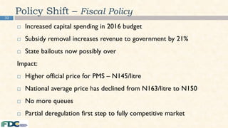 32
Policy Shift – Fiscal Policy
 Increased capital spending in 2016 budget
 Subsidy removal increases revenue to government by 21%
 State bailouts now possibly over
Impact:
 Higher official price for PMS – N145/litre
 National average price has declined from N163/litre to N150
 No more queues
 Partial deregulation first step to fully competitive market
 