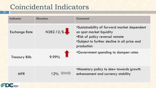 37
Coincidental Indicators
Indicator Direction Comment
Exchange Rate N282.12/$
•Sustainability of forward market dependent
on spot market liquidity
•Risk of policy reversal remote
•Subject to further decline in oil price and
production
Treasury Bills 9.99%
•Government spending to dampen rates
MPR 12%
•Monetary policy to skew towards growth
enhancement and currency stability
 