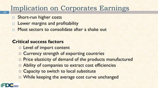 43
Implication on Corporates Earnings
 Short-run higher costs
 Lower margins and profitability
 Most sectors to consolidate after a shake out
Critical success factors
 Level of import content
 Currency strength of exporting countries
 Price elasticity of demand of the products manufactured
 Ability of companies to extract cost efficiencies
 Capacity to switch to local substitute
 While keeping the average cost curve unchanged
 