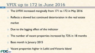 64
VFIX up to 172 in June 2016
 The LVFIX increased marginally from 171 to 172 in May 2016
 Reflects a slowed but continued deterioration in the real estate
market
 Due to the lagging effect of the indicator
 The number of vacant properties increased by 72% in 18 months
 Base month is January 2015
 Vacant properties higher in Lekki andVictoria Island
 