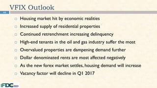 66
VFIX Outlook
 Housing market hit by economic realities
 Increased supply of residential properties
 Continued retrenchment increasing delinquency
 High-end tenants in the oil and gas industry suffer the most
 Overvalued properties are dampening demand further
 Dollar denominated rents are most affected negatively
 As the new forex market settles, housing demand will increase
 Vacancy factor will decline in Q1 2017
 