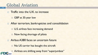 73
Global Aviation
 Traffic into the U.K. to increase
 GBP at 35-year low
 After terrorism, bankruptcies and consolidation
 U.S. airlines face increasing demand
 Now facing shortage of pilots
 Airbus A380 faces an uncertain future
 No US carrier has bought the aircraft
 Airlines are shifting away from “superjumbos”
 
