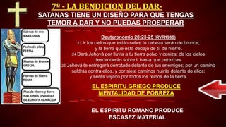 EL ESPIRITU ROMANO PRODUCE
ESCASEZ MATERIAL
SATANAS TIENE UN DISEÑO PARA QUE TENGAS
TEMOR A DAR Y NO PUEDAS PROSPERAR
EL ESPIRITU GRIEGO PRODUCE
MENTALIDAD DE POBREZA
Deuteronomio 28:23-25 (RVR1960)
23 Y los cielos que están sobre tu cabeza serán de bronce,
y la tierra que está debajo de ti, de hierro.
24 Dará Jehová por lluvia a tu tierra polvo y ceniza; de los cielos
descenderán sobre ti hasta que perezcas.
25 Jehová te entregará derrotado delante de tus enemigos; por un camino
saldrás contra ellos, y por siete caminos huirás delante de ellos;
y serás vejado por todos los reinos de la tierra.
 