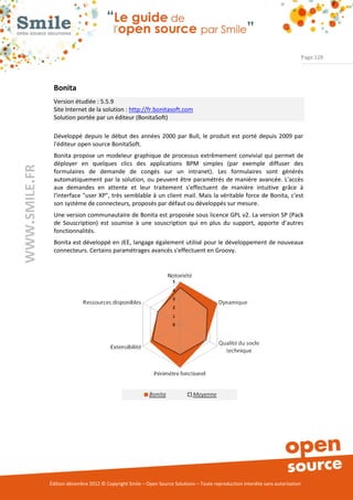 Page 128




                Bonita
                Version étudiée : 5.5.9
                Site Internet de la solution : http://fr.bonitasoft.com
                Solution portée par un éditeur (BonitaSoft)

                Développé depuis le début des années 2000 par Bull, le produit est porté depuis 2009 par
                l'éditeur open source BonitaSoft.
                Bonita propose un modeleur graphique de processus extrêmement convivial qui permet de
                déployer en quelques clics des applications BPM simples (par exemple diffuser des
WWW.SMILE.FR




                formulaires de demande de congés sur un intranet). Les formulaires sont générés
                automatiquement par la solution, ou peuvent être paramétrés de manière avancée. L'accès
                aux demandes en attente et leur traitement s'effectuent de manière intuitive grâce à
                l'interface "user XP", très semblable à un client mail. Mais la véritable force de Bonita, c'est
                son système de connecteurs, proposés par défaut ou développés sur mesure.
                Une version communautaire de Bonita est proposée sous licence GPL v2. La version SP (Pack
                de Souscription) est soumise à une souscription qui en plus du support, apporte d’autres
                fonctionnalités.
                Bonita est développé en JEE, langage également utilisé pour le développement de nouveaux
                connecteurs. Certains paramétrages avancés s'effectuent en Groovy.




               Édition décembre 2012 © Copyright Smile – Open Source Solutions – Toute reproduction interdite sans autorisation
 