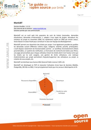 Page 137




                MantisBT
                Version étudiée : 1.2.11
                Site Internet de la solution : www.mantisbt.org
                Solution portée par une communauté

                MantisBT est un outil web très populaire de suivi de tickets (anomalies, demandes
                d'évolutions, demandes d'intervention...), adapté à tous types de projets. Kenzaburo Ito,
                initiateur du projet en novembre 2000, est rapidement rejoint en 2002 par Jeroen Latour,
                Victor Boctor et Julian Fitzell pour constituer le cœur de l'équipe de développement.
WWW.SMILE.FR




                MantisBT permet une répartition des tickets par projet. Il est également possible de qualifier
                les demandes suivant différents critères (type, catégorie, sévérité, priorité, privé/public).
                L'outil dispose notamment de fonctionnalités comme : un workflow d’enchaînement d'états
                paramétrables, un système de notification, un formulaire de recherche de tickets avec filtres,
                une page personnalisée pour chaque utilisateur listant les tickets dont il est l'auteur ainsi que
                les tickets qui lui sont assignés, une gestion de droits utilisateurs, une rubrique
                d'administration par projet permettant d'ajouter/supprimer des utilisateurs au projet, la
                création de sous projets, etc.
                MantisBT est distribué sous licence GNU General Public License 2 (GPL v2).
                MantisBT est développé en PHP et nécessite l'utilisation d'une base de données (MySQL,
                PostgreSQL, MS SQL ou DB2). Il est principalement testé pour les serveurs Web Apache et IIS.




               Édition décembre 2012 © Copyright Smile – Open Source Solutions – Toute reproduction interdite sans autorisation
 