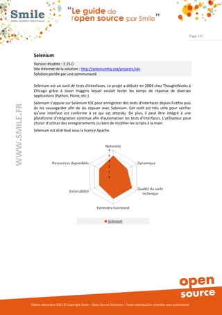 Page 147




                Selenium
                Version étudiée : 2.25.0
                Site Internet de la solution : http://seleniumhq.org/projects/ide
                Solution portée par une communauté

                Selenium est un outil de tests d'interfaces. Le projet a débuté en 2004 chez ThoughtWorks à
                Chicago grâce à Jason Huggins lequel voulait tester les temps de réponse de diverses
                applications (Python, Plone, etc.).
                Selenium s’appuie sur Selenium IDE pour enregistrer des tests d'interfaces depuis Firefox puis
WWW.SMILE.FR




                de les sauvegarder afin de les rejouer avec Selenium. Cet outil est très utile pour vérifier
                qu'une interface est conforme à ce qui est attendu. De plus, il peut être intégré à une
                plateforme d'intégration continue afin d'automatiser les tests d'interfaces. L'utilisateur peut
                choisir d'utiliser des enregistrements ou bien de modifier les scripts à la main.
                Selenium est distribué sous la licence Apache.




               Édition décembre 2012 © Copyright Smile – Open Source Solutions – Toute reproduction interdite sans autorisation
 