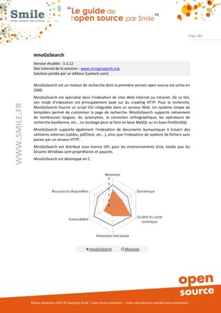 Page 189




                mnoGoSearch
                Version étudiée : 3.3.12
                Site Internet de la solution : www.mnogosearch.org
                Solution portée par un éditeur (Lavtech.com)

                MnoGoSearch est un moteur de recherche dont la première version open source est sortie en
                2000.
                MnoGoSearch est spécialisé dans l'indexation de sites Web Internet ou Intranet. De ce fait,
                son mode d'indexation est principalement basé sur du crawling HTTP. Pour la recherche,
WWW.SMILE.FR




                MnoGoSearch fournit un script CGI intégrable dans un serveur Web. Un système simple de
                templates permet de customiser la page de recherche. MnoGoSearch supporte nativement
                de nombreuses langues, les synonymes, la correction orthographique, les opérateurs de
                recherche booléenne, etc... Le stockage peut se faire en base MySQL ou en base PostGreSQL.
                MnoGoSearch supporte également l'indexation de documents bureautiques à travers des
                utilitaires externes (catdoc, pdf2text, etc...), ainsi que l'indexation de système de fichiers sans
                passer par un serveur HTTP.
                MnoGoSearch est distribué sous licence GPL pour les environnements Unix, tandis que les
                binaires Windows sont propriétaires et payants.
                MnoGoSearch est développé en C.




               Édition décembre 2012 © Copyright Smile – Open Source Solutions – Toute reproduction interdite sans autorisation
 