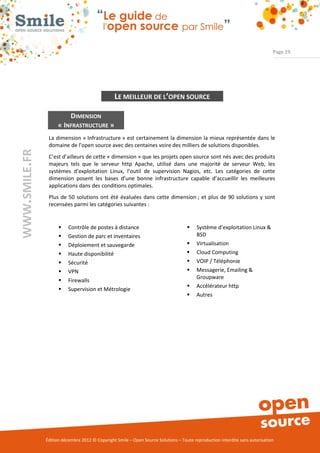 Page 19




                                                LE MEILLEUR DE L’OPEN SOURCE

                           DIMENSION
                    « INFRASTRUCTURE »
                La dimension « Infrastructure » est certainement la dimension la mieux représentée dans le
                domaine de l’open source avec des centaines voire des milliers de solutions disponibles.
WWW.SMILE.FR




                C’est d’ailleurs de cette « dimension » que les projets open source sont nés avec des produits
                majeurs tels que le serveur http Apache, utilisé dans une majorité de serveur Web, les
                systèmes d’exploitation Linux, l’outil de supervision Nagios, etc. Les catégories de cette
                dimension posent les bases d’une bonne infrastructure capable d’accueillir les meilleures
                applications dans des conditions optimales.
                Plus de 50 solutions ont été évaluées dans cette dimension ; et plus de 90 solutions y sont
                recensées parmi les catégories suivantes :


                         Contrôle de postes à distance                                 Système d’exploitation Linux &
                         Gestion de parc et inventaires                                 BSD
                         Déploiement et sauvegarde                                     Virtualisation
                         Haute disponibilité                                           Cloud Computing
                         Sécurité                                                      VOIP / Téléphonie
                         VPN                                                           Messagerie, Emailing &
                                                                                         Groupware
                         Firewalls
                                                                                        Accélérateur http
                         Supervision et Métrologie
                                                                                        Autres




               Édition décembre 2012 © Copyright Smile – Open Source Solutions – Toute reproduction interdite sans autorisation
 