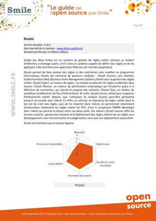 Page 203




                Drools
                Version étudiée : 5.4.0
                Site Internet de la solution : www.jboss.org/drools
                Solution portée par un éditeur (JBoss)

                Drools (ou JBoss Rules) est un système de gestion de règles métier utilisant un moteur
                d'inférence à chaînage avant, c'est à dire un système capable de définir des règles et de les
                appliquer à des données (une application Web via une interface graphique).
                Drools permet de faire évoluer des règles et des contraintes sans modifier un programme
WWW.SMILE.FR




                informatique. Drools est constitué de plusieurs modules : Drools Guvnor, une interface
                d’administration Web (Business Rules Management System) utilisée pour la gestion des règles
                métier. Drools Expert, un moteur de règles : ce module va exécuter les règles modélisées dans
                Guvnor. Drools Planner, un moteur de planification automatique qui fonctionne grâce à la
                définition de contraintes, qui calcule et propose des solutions. Drools Flow, un moteur de
                workflow (modélisation de flux d'information). Et enfin, Drools Fusion, utilisé pour la gestion
                d’événements métier. Notons, que l’utilisation du module Guvnor peut-être pertinente
                lorsqu’il est jumelé avec Talend. En effet, en utilisant ce repository de règles métier dont le
                but est de créer des règles, puis de les importer dans Talend, on permettrait notamment
                d’externaliser totalement les règles métier de l’ETL. C’est le composant TBRMS développé
                dans Talend qui permet la liaison entre ces deux outils. Par ailleurs, Drools Guvnor offre les
                services suivants : gestion des versions et le déploiement des règles, édition de ces règles sans
                développement, leur hiérarchisation et catégorisation ainsi que leur déploiement automatisé.
                Drools est distribué sous la licence Apache.




               Édition décembre 2012 © Copyright Smile – Open Source Solutions – Toute reproduction interdite sans autorisation
 