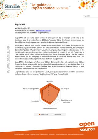 Page 208




                SugarCRM
                Version étudiée : 6.5
                Site Internet de la solution : www.sugarcrm.com
                Solution portée par un éditeur (SugarCRM Inc)

                SugarCRM est une suite open source de management de la relation Client. Elle a été
                distribuée pour la première fois en 2004 et n’a cessée d’être développée et maintenue par
                SugarCRM Inc depuis. Ces derniers sont basés à Cupertino en Californie.
                SugarCRM a évolué pour couvrir toutes les caractéristiques principales de la gestion des
WWW.SMILE.FR




                clients et du cycle des ventes. La liste des fonctionnalités est impressionnante, des campagnes
                de marketing et de diffusion massive, aux leads, en passant par la gestion des contacts et des
                comptes, etc. Les dernières versions (notamment depuis la version 6) ont mis l'accent sur le
                CRM mobile (applications natives) et l'intégration d’une dimension Social CRM. De récentes
                améliorations ont été intégrées au module Calendrier, à l’interface mobile mais aussi aux
                connecteurs sociaux et aux performances de façon plus générale.
                SugarCRM a trois types d'offres, une édition Community (libre et gratuite), une édition
                Enterprise (avec un ensemble de fonctionnalités supplémentaires) et une édition Saas (à la
                demande). La version Community (publiée sous Affero GNU Public License Version 3) a un
                périmètre bien inférieur aux autres éditions.
                Le produit est basé sur une plateforme LAMP, avec quelques variantes possibles concernant
                les bases de données et serveurs Web (tant que PHP peut être exécuté).




               Édition décembre 2012 © Copyright Smile – Open Source Solutions – Toute reproduction interdite sans autorisation
 