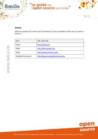 Page 230




                Autres
                Parmi les produits de l’univers du E-Commerce, on peut compléter la liste avec les outils ci-
                dessous :


                  Nom                                URL / Site web

                  Thelia                             http://thelia.net
WWW.SMILE.FR




                  OFBiz                              http://ofbiz.apache.org

                  Spree                              http://spreecommerce.com

                  Broadleaf Commerce                 http://www.broadleafcommerce.org




               Édition décembre 2012 © Copyright Smile – Open Source Solutions – Toute reproduction interdite sans autorisation
 