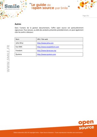 Page 251




                Autres
                Dans l’univers de la gestion documentaire, l’offre open source est particulièrement
                vigoureuse. Pour preuve, au-delà des produits présentés précédemment, on peut également
                citer les outils ci-dessous :


                  Nom                                URL / Site web

                  Jahia Wise                         http://www.jahia.com
WWW.SMILE.FR




                  Exo DMS                            http://www.exoplatform.com

                  Freedom                            http://www.dynacase.org

                  Quotero                            http://www.quotero.com




               Édition décembre 2012 © Copyright Smile – Open Source Solutions – Toute reproduction interdite sans autorisation
 