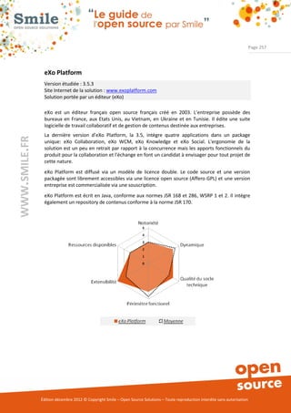 Page 257




                eXo Platform
                Version étudiée : 3.5.3
                Site Internet de la solution : www.exoplatform.com
                Solution portée par un éditeur (eXo)

                eXo est un éditeur français open source français créé en 2003. L’entreprise possède des
                bureaux en France, aux Etats Unis, au Vietnam, en Ukraine et en Tunisie. Il édite une suite
                logicielle de travail collaboratif et de gestion de contenus destinée aux entreprises.
                La dernière version d’eXo Platform, la 3.5, intègre quatre applications dans un package
WWW.SMILE.FR




                unique: eXo Collaboration, eXo WCM, eXo Knowledge et eXo Social. L'ergonomie de la
                solution est un peu en retrait par rapport à la concurrence mais les apports fonctionnels du
                produit pour la collaboration et l'échange en font un candidat à envisager pour tout projet de
                cette nature.
                eXo Platform est diffusé via un modèle de licence double. Le code source et une version
                packagée sont librement accessibles via une licence open source (Affero GPL) et une version
                entreprise est commercialisée via une souscription.
                eXo Platform est écrit en Java, conforme aux normes JSR 168 et 286, WSRP 1 et 2. Il intègre
                également un repository de contenus conforme à la norme JSR 170.




               Édition décembre 2012 © Copyright Smile – Open Source Solutions – Toute reproduction interdite sans autorisation
 