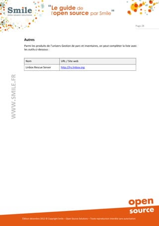 Page 28




                Autres
                Parmi les produits de l’univers Gestion de parc et inventaires, on peut compléter la liste avec
                les outils ci-dessous :


                  Nom                                URL / Site web

                  Linbox Rescue Server               http://lrs.linbox.org
WWW.SMILE.FR




               Édition décembre 2012 © Copyright Smile – Open Source Solutions – Toute reproduction interdite sans autorisation
 