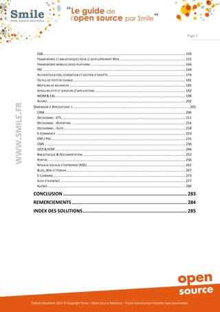 Page 7



                   ESB ......................................................................................................................................................... 150
                   FRAMEWORKS ET BIBLIOTHEQUES POUR LE DEVELOPPEMENT WEB ....................................................................... 155
                   FRAMEWORKS MOBILES CROSS-PLATFORM ...................................................................................................... 166
                   PKI ......................................................................................................................................................... 169
                   AUTHENTIFICATION, FEDERATION ET GESTION D’IDENTITE ................................................................................... 174
                   OUTILS DE TESTS DE CHARGE......................................................................................................................... 181
                   MOTEURS DE RECHERCHE ............................................................................................................................ 185
                   SERVEURS HTTP ET SERVEURS D’APPLICATIONS ................................................................................................. 192
                   MOM & EAI ............................................................................................................................................ 198
                   AUTRES .................................................................................................................................................... 202
WWW.SMILE.FR




                DIMENSION « APPLICATIONS » ..............................................................................................................................205
                   CRM ....................................................................................................................................................... 206
                   DECISIONNEL : ETL..................................................................................................................................... 211
                   DECISIONNEL : REPORTING .......................................................................................................................... 214
                   DECISIONNEL : SUITE .................................................................................................................................. 218
                   E-COMMERCE ........................................................................................................................................... 223
                   ERP / PGI ................................................................................................................................................ 231
                   CMS ....................................................................................................................................................... 236
                   GED & ECM ............................................................................................................................................ 246
                   BIBLIOTHEQUE & DOCUMENTATION .............................................................................................................. 252
                   PORTAIL ................................................................................................................................................... 256
                   RESEAUX SOCIAUX D’ENTREPRISE (RSE) .......................................................................................................... 261
                   BLOG, WIKI ET FORUM................................................................................................................................ 267
                   E-LEARNING .............................................................................................................................................. 273
                   SUIVI D’AUDIENCE ...................................................................................................................................... 277
                   AUTRES .................................................................................................................................................... 280

                CONCLUSION .......................................................................................... 283
                REMERCIEMENTS .................................................................................... 284
                INDEX DES SOLUTIONS............................................................................ 285




               Édition décembre 2012 © Copyright Smile – Open Source Solutions – Toute reproduction interdite sans autorisation
 