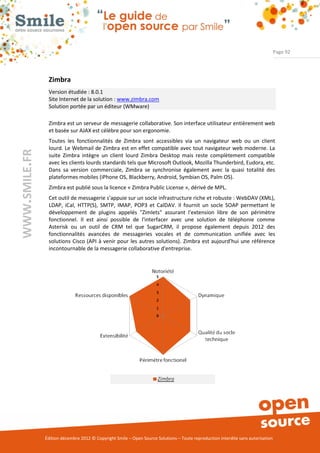 Page 92




                Zimbra
                Version étudiée : 8.0.1
                Site Internet de la solution : www.zimbra.com
                Solution portée par un éditeur (WMware)

                Zimbra est un serveur de messagerie collaborative. Son interface utilisateur entièrement web
                et basée sur AJAX est célèbre pour son ergonomie.
                Toutes les fonctionnalités de Zimbra sont accessibles via un navigateur web ou un client
                lourd. Le Webmail de Zimbra est en effet compatible avec tout navigateur web moderne. La
WWW.SMILE.FR




                suite Zimbra intègre un client lourd Zimbra Desktop mais reste complètement compatible
                avec les clients lourds standards tels que Microsoft Outlook, Mozilla Thunderbird, Eudora, etc.
                Dans sa version commerciale, Zimbra se synchronise également avec la quasi totalité des
                plateformes mobiles (iPhone OS, Blackberry, Android, Symbian OS, Palm OS).
                Zimbra est publié sous la licence « Zimbra Public License », dérivé de MPL.
                Cet outil de messagerie s'appuie sur un socle infrastructure riche et robuste : WebDAV (XML),
                LDAP, iCal, HTTP(S), SMTP, IMAP, POP3 et CalDAV. Il fournit un socle SOAP permettant le
                développement de plugins appelés "Zimlets" assurant l'extension libre de son périmètre
                fonctionnel. Il est ainsi possible de l'interfacer avec une solution de téléphonie comme
                Asterisk ou un outil de CRM tel que SugarCRM, il propose également depuis 2012 des
                fonctionnalités avancées de messageries vocales et de communication unifiée avec les
                solutions Cisco (API à venir pour les autres solutions). Zimbra est aujourd'hui une référence
                incontournable de la messagerie collaborative d'entreprise.




               Édition décembre 2012 © Copyright Smile – Open Source Solutions – Toute reproduction interdite sans autorisation
 