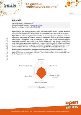 Page 96




                OpenEMM
                Version étudiée : OpenEMM 2011
                Site Internet de la solution : www.openemm.org
                Solution portée par un éditeur (AGNITAS AG)

                OpenEMM est une solution d’emailing open source développée depuis 1999 par la société
                allemande Agintas. OpenEMM est utilisé par de grands groupes tels que BenQ, Siemens, etc.
                OpenEMM est utilisé pour gérer les newsletters et les campagnes marketing par email des
                entreprises. Il existe peu de solutions d’emailing open source disposant d’un large périmètre
WWW.SMILE.FR




                ce pourquoi, OpenEMM a toute sa place dans ce guide open source. D’un point de vue
                fonctionnel, l’outil est relativement riche. Citons par exemple : une interface entièrement
                web, disponible en plusieurs langues dont le français et l’anglais, outils de ciblage, statistiques
                en temps réel, gestion des templates, modules d’importation et d’extraction de masse, bonne
                documentation, utilisation possible de webservices, gestion des erreurs de retours, etc.
                OpenEMM est distribué sous la licence « Common Public Attribution License » 1.0 (CPAL).
                OpenEMM repose sur les langages C, Java et Python. Il utilise la base de données MySQL pour
                le stockage de ses informations.




               Édition décembre 2012 © Copyright Smile – Open Source Solutions – Toute reproduction interdite sans autorisation
 