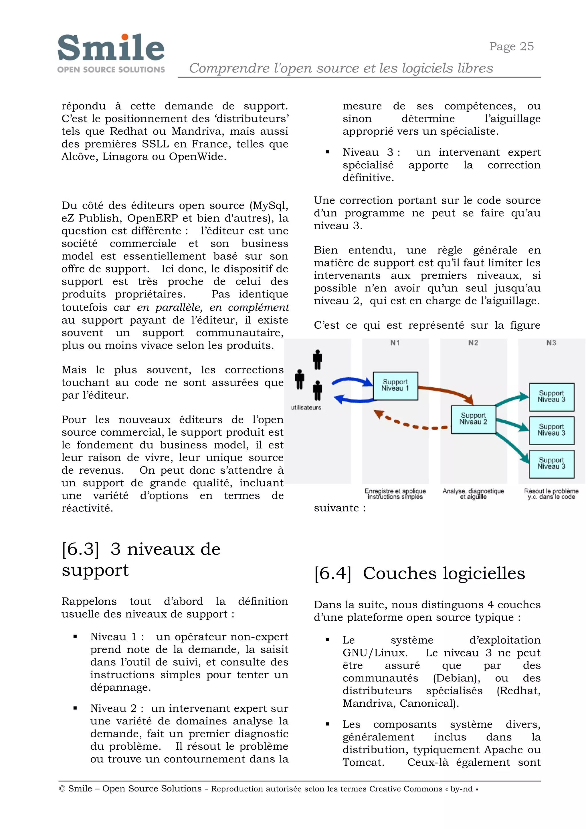 Page 25
                              Comprendre l'open source et les logiciels libres

répondu à cette demande de support.                                mesure de ses compétences, ou
C’est le positionnement des ‘distributeurs’                        sinon      détermine       l’aiguillage
tels que Redhat ou Mandriva, mais aussi                            approprié vers un spécialiste.
des premières SSLL en France, telles que
Alcôve, Linagora ou OpenWide.                                     Niveau 3 : un intervenant expert
                                                                   spécialisé apporte la correction
                                                                   définitive.

Du côté des éditeurs open source (MySql,                    Une correction portant sur le code source
eZ Publish, OpenERP et bien d'autres), la                   d’un programme ne peut se faire qu’au
question est différente : l’éditeur est une                 niveau 3.
société commerciale et son business
                                                            Bien entendu, une règle générale en
model est essentiellement basé sur son
                                                            matière de support est qu’il faut limiter les
offre de support. Ici donc, le dispositif de
                                                            intervenants aux premiers niveaux, si
support est très proche de celui des
                                                            possible n’en avoir qu’un seul jusqu’au
produits propriétaires.      Pas identique
                                                            niveau 2, qui est en charge de l’aiguillage.
toutefois car en parallèle, en complément
au support payant de l’éditeur, il existe                   C’est ce qui est représenté sur la figure
souvent un support communautaire,
plus ou moins vivace selon les produits.

Mais le plus souvent, les corrections
touchant au code ne sont assurées que
par l’éditeur.

Pour les nouveaux éditeurs de l’open
source commercial, le support produit est
le fondement du business model, il est
leur raison de vivre, leur unique source
de revenus. On peut donc s’attendre à
un support de grande qualité, incluant
une variété d’options en termes de
réactivité.                                                 suivante :



[6.3] 3 niveaux de
support                                                     [6.4] Couches logicielles
Rappelons tout d’abord la définition                        Dans la suite, nous distinguons 4 couches
usuelle des niveaux de support :                            d’une plateforme open source typique :
      Niveau 1 : un opérateur non-expert                         Le       système       d’exploitation
       prend note de la demande, la saisit                         GNU/Linux.     Le niveau 3 ne peut
       dans l’outil de suivi, et consulte des                      être    assuré    que     par     des
       instructions simples pour tenter un                         communautés (Debian), ou des
       dépannage.                                                  distributeurs spécialisés (Redhat,
      Niveau 2 : un intervenant expert sur                        Mandriva, Canonical).
       une variété de domaines analyse la                         Les composants système divers,
       demande, fait un premier diagnostic                         généralement      inclus  dans    la
       du problème. Il résout le problème                          distribution, typiquement Apache ou
       ou trouve un contournement dans la                          Tomcat.      Ceux-là également sont

© Smile – Open Source Solutions - Reproduction autorisée selon les termes Creative Commons « by-nd »
 