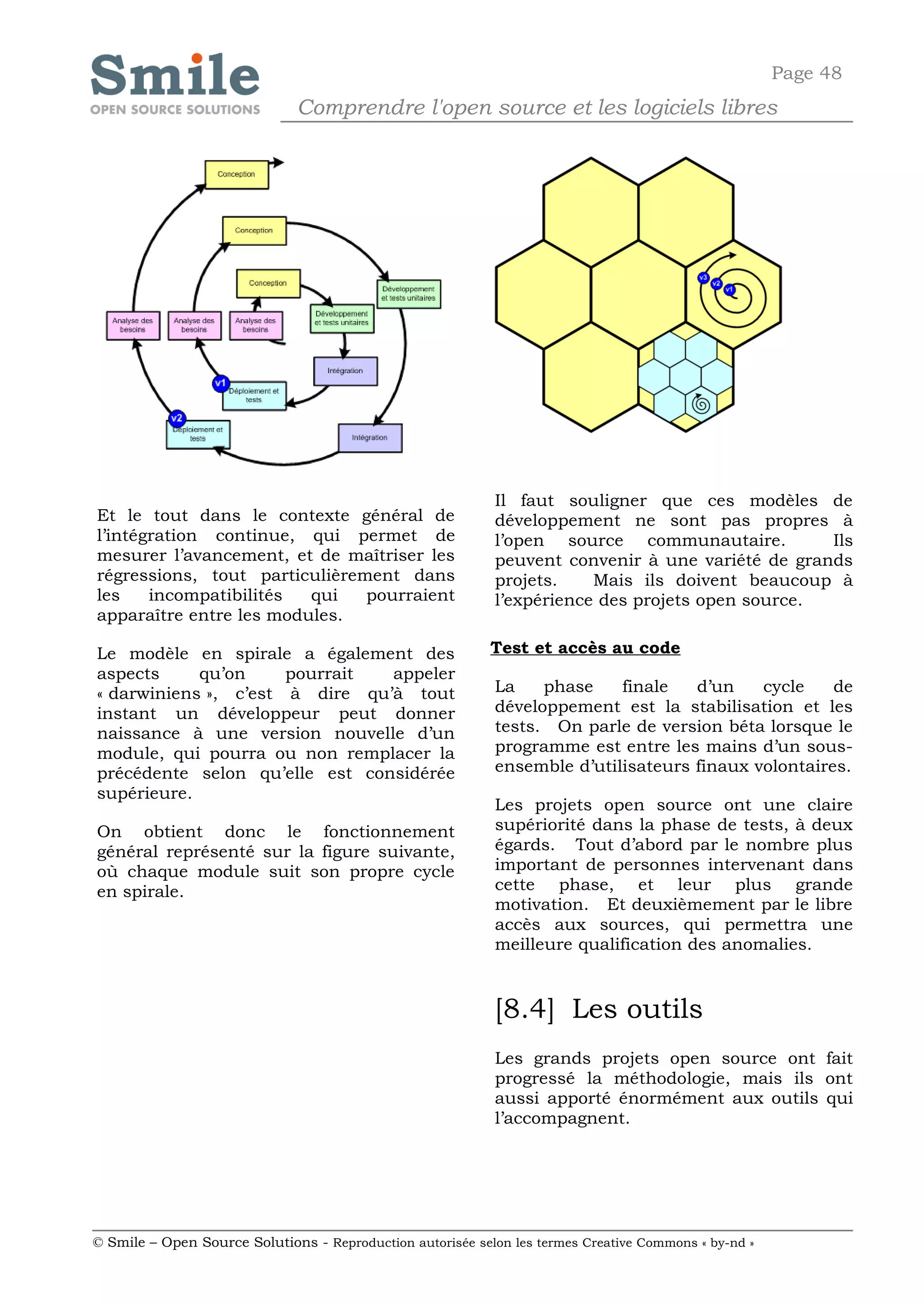 Page 48
                              Comprendre l'open source et les logiciels libres




                                                            Il faut souligner que ces modèles de
Et le tout dans le contexte général de                      développement ne sont pas propres à
l’intégration continue, qui permet de                       l’open source communautaire.          Ils
mesurer l’avancement, et de maîtriser les                   peuvent convenir à une variété de grands
régressions, tout particulièrement dans                     projets.    Mais ils doivent beaucoup à
les    incompatibilités  qui   pourraient                   l’expérience des projets open source.
apparaître entre les modules.

Le modèle en spirale a également des                        Test et accès au code
aspects     qu’on     pourrait  appeler
« darwiniens », c’est à dire qu’à tout                      La    phase    finale   d’un    cycle    de
instant un développeur peut donner                          développement est la stabilisation et les
naissance à une version nouvelle d’un                       tests. On parle de version béta lorsque le
module, qui pourra ou non remplacer la                      programme est entre les mains d’un sous-
précédente selon qu’elle est considérée                     ensemble d’utilisateurs finaux volontaires.
supérieure.
                                                            Les projets open source ont une claire
On obtient donc le fonctionnement                           supériorité dans la phase de tests, à deux
général représenté sur la figure suivante,                  égards. Tout d’abord par le nombre plus
où chaque module suit son propre cycle                      important de personnes intervenant dans
en spirale.                                                 cette phase, et leur plus grande
                                                            motivation. Et deuxièmement par le libre
                                                            accès aux sources, qui permettra une
                                                            meilleure qualification des anomalies.


                                                            [8.4] Les outils
                                                            Les grands projets open source ont fait
                                                            progressé la méthodologie, mais ils ont
                                                            aussi apporté énormément aux outils qui
                                                            l’accompagnent.




© Smile – Open Source Solutions - Reproduction autorisée selon les termes Creative Commons « by-nd »
 