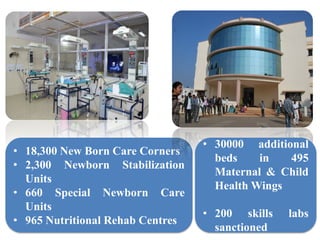 • 18,300 New Born Care Corners
• 2,300 Newborn Stabilization
Units
• 660 Special Newborn Care
Units
• 965 Nutritional Rehab Centres
• 30000 additional
beds in 495
Maternal & Child
Health Wings
• 200 skills labs
sanctioned
 