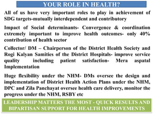YOUR ROLE IN HEALTH?
All of us have very important roles to play in achievement of
SDG targets-mutually interdependent and contributory
Impact of Social determinants- Convergence & coordination
extremely important to improve health outcomes- only 40%
contribution of health sector
Collector/ DM – Chairperson of the District Health Society and
Rogi Kalyan Samities of the District Hospitals- improve service
quality including patient satisfaction- Mera aspatal
Implementation
Huge flexibility under the NHM- DMs oversee the design and
implementation of District Health Action Plans under the NHM,
DPC and Zila Panchayat oversee health care delivery, monitor the
progress under the NHM, RSBY etc
Public investment in Health is decided by people amongst us.
LEADERSHIP MATTERS THE MOST - QUICK RESULTS AND
BIPARTISAN SUPPORT FOR HEALTH IMPROVEMENTS
 
