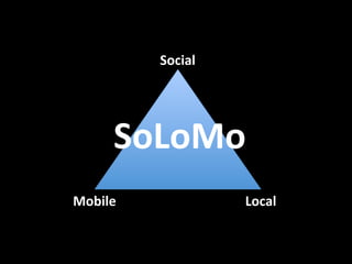 Social	
  	
  




        SoLoMo	
  
Mobile	
                      Local	
  
 