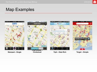Map Examples




                   CityPockets –
Stamped – Single    Contextual     Yipit – Data Rich   Target – Simple
 