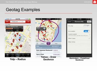 Geotag Examples




                  Yahoo – Draw   Reminders – Predefined
 Yelp – Radius      Geofence           Geofence
 