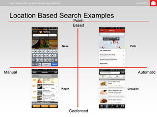 Location Based Search Examples
                         Point-
                         Based




                 Ness                Path




Manual                                      Automatic



                Kayak               Groupon




                        Geofenced
 