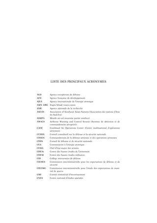 LISTE DES PRINCIPAUX ACRONYMES
AED Agence européenne de défense
AFD Agence française de développement
AIEA Agence internationale de l’énergie atomique
AMX 10RC Engin blindé roues-canon
ANR Agence nationale de la recherche
ASEAN Association of Southeast Asian Nations (Association des nations d’Asie
du Sud-Est)
ASMPA Missile air-sol moyenne portée amélioré
AWACS Airborne Warning and Control System (Système de détection et de
commandement aéroporté)
CAOC Combined Air Operations Center (Centre multinational d’opérations
aériennes)
CCDSN Conseil consultatif sur la défense et la sécurité nationale
CDAOA Commandement de la défense aérienne et des opérations aériennes
CDSN Conseil de défense et de sécurité nationale
CEA Commissariat à l’énergie atomique
CEMA Chef d’état-major des armées
CHEAr Centre des hautes études de l’armement
CHEM Centre des hautes études militaires
CID Collège interarmées de défense
CIEDES Commission interministérielle pour les exportations de défense et de
sécurité
CIEEMG Commission interministérielle pour l’étude des exportations de maté-
riel de guerre
CMI Comité ministériel d’investissement
CNES Centre national d’études spatiales
 