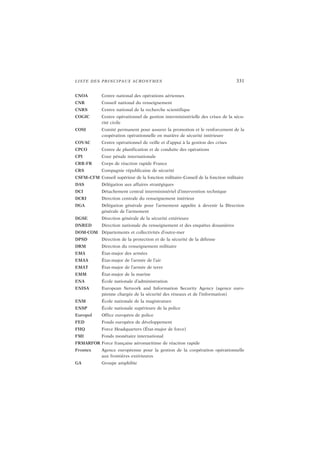LISTE DES PRINCIPAUX ACRONYMES 331
CNOA Centre national des opérations aériennes
CNR Conseil national du renseignement
CNRS Centre national de la recherche scientifique
COGIC Centre opérationnel de gestion interministérielle des crises de la sécu-
rité civile
COSI Comité permanent pour assurer la promotion et le renforcement de la
coopération opérationnelle en matière de sécurité intérieure
COVAC Centre opérationnel de veille et d’appui à la gestion des crises
CPCO Centre de planification et de conduite des opérations
CPI Cour pénale internationale
CRR-FR Corps de réaction rapide France
CRS Compagnie républicaine de sécurité
CSFM–CFM Conseil supérieur de la fonction militaire–Conseil de la fonction militaire
DAS Délégation aux affaires stratégiques
DCI Détachement central interministériel d’intervention technique
DCRI Direction centrale du renseignement intérieur
DGA Délégation générale pour l’armement appelée à devenir la Direction
générale de l’armement
DGSE Direction générale de la sécurité extérieure
DNRED Direction nationale du renseignement et des enquêtes douanières
DOM-COM Départements et collectivités d’outre-mer
DPSD Direction de la protection et de la sécurité de la défense
DRM Direction du renseignement militaire
EMA État-major des armées
EMAA État-major de l’armée de l’air
EMAT État-major de l’armée de terre
EMM État-major de la marine
ENA École nationale d’administration
ENISA European Network and Information Security Agency (agence euro-
péenne chargée de la sécurité des réseaux et de l’information)
ENM École nationale de la magistrature
ENSP École nationale supérieure de la police
Europol Office européen de police
FED Fonds européen de développement
FHQ Force Headquarters (État-major de force)
FMI Fonds monétaire international
FRMARFOR Force française aéromaritime de réaction rapide
Frontex Agence européenne pour la gestion de la coopération opérationnelle
aux frontières extérieures
GA Groupe amphibie
 