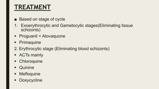TREATMENT
■ Based on stage of cycle
1. Exoerythrocytic and Gametocytic stages(Eliminating tissue
schizonts)
 Proguanil + Atovaquone
 Primaquine
2. Erythrocytic stage (Eliminating blood schizonts)
 ACTs mainly
 Chloroquine
 Quinine
 Mefloquine
 Doxycycline
 