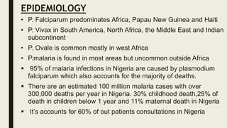 EPIDEMIOLOGY
• P. Falciparum predominates Africa, Papau New Guinea and Haiti
• P. Vivax in South America, North Africa, the Middle East and Indian
subcontinent
• P. Ovale is common mostly in west Africa
• P.malaria is found in most areas but uncommon outside Africa
 95% of malaria infections in Nigeria are caused by plasmodium
falciparum which also accounts for the majority of deaths.
 There are an estimated 100 million malaria cases with over
300,000 deaths per year in Nigeria. 30% childhood death,25% of
death in children below 1 year and 11% maternal death in Nigeria
 It’s accounts for 60% of out patients consultations in Nigeria
 