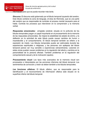 Áreas de ciencias agropecuarias y de la salud
Escuela de enfermería
información para que se pueda recordar más tarde.
Discurso: El discurso está gobernado por el lóbulo temporal izquierdo del cerebro.
Este lóbulo contiene la zona de lenguaje, el área de Wernicke, que es una parte
del cerebro que es responsable de controlar el proceso mental necesario para el
habla. Controla los procesos que intervienen en la comprensión y la memoria
verbal.
Respuestas emocionales:  amígdala cerebral, situada en lo profundo de los
lóbulos temporales juegan un papel importante en el procesamiento de la memoria
de las respuestas emocionales. Se mejora la estabilidad de estado de ánimo, y la
deflexión en la actividad de este lóbulo puede causar cambios de humor o
impredecible y el comportamiento. El lóbulo temporal también se refiere a la
expresión de miedo. Los lóbulos temporales puede ser estimulada durante las
experiencias espirituales o religiosas, y las personas con epilepsia del lóbulo
temporal parece ser muy sensible a experiencias extraordinarias. Lesiones en
estas zonas pueden causar problemas en la regulación del afecto y cambios en la
personalidad de la persona afectad. También problemas en la regulación del
comportamiento sexual y de la motivación (apatía).
Procesamiento visual: Los tipos más avanzados de la memoria visual son
procesados e interpretados por las porciones inferiores del lóbulo temporal. Los
sentimientos de convicción y visión se deben también a los lóbulos temporales.
Las funciones olfativas: El lóbulo olfativo, que es responsable para la
identificación y el reconocimiento de información olfativa está situado en la
superficie inferior del lóbulo temporal.
 