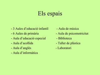 Els espais - 3 Aules d’educació infantil  - Aula de música - 6 Aules de primària  - Aula de psicomotricitat - Aula d’educació especial  - Biblioteca - Aula d’acollida  - Taller de plàstica - Aula d’anglès  - Laboratori - Aula d’informàtica  