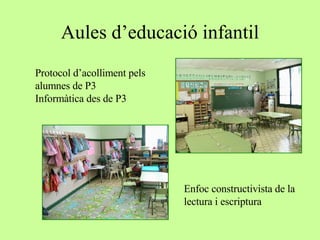 Aules d’educació infantil Protocol d’acolliment pels alumnes de P3 Informàtica des de P3 Enfoc constructivista de la lectura i escriptura 