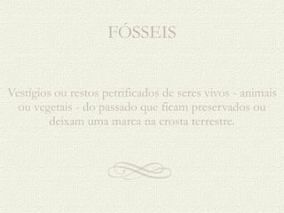 FÓSSEIS Vestígios ou restos petrificados de seres vivos - animais ou vegetais - do passado que ficam preservados ou deixam uma marca na crosta terrestre. 