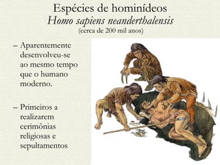 Espécies de hominídeos Homo sapiens neanderthalensis  (cerca de 200 mil anos) <ul><ul><li>Aparentemente desenvolveu-se ao ...