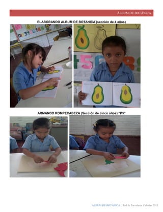 ÁLBUM DE BOTÁNICA.
ÁLBUM DE BOTÁNICA. | Red de Parvularia. Cabañas 2015
ELABORANDO ALBUM DE BOTANICA (sección de 4 años)
ARMANDO ROMPECABEZA (Sección de cinco años) “P5”
 