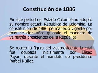 Constitución Política de 1886.Homenaje a la Constitución de 1886, Cartagena, Colombia.Imágenes tomadas de:http://es.wikipedia.org/wiki/Archivo:Jos%C3%A9_Mar%C3%ADa_Obando_1.jpg