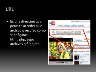 URL
 Es una dirección que
permite acceder a un
archivo o recurso como
ser páginas
html, php, aspo
archivos gif,jgp,etc.
 