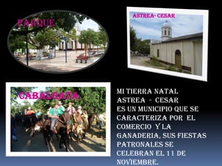ASTREA- CESAR
PARQUE




            MI TIERRA NATAL
CABALGATA   ASTREA - CESAR
            ES UN MUNICIPIO QUE SE
            CARACTERIZA POR EL
            COMERCIO Y LA
            GANADERIA, SUS FIESTAS
            PATRONALES SE
            CELEBRAN EL 11 DE
            NOVIEMBRE.
 