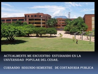 ACTUALMENTE ME ENCUENTRO ESTUDIANDO EN LA
UNIVERSIDAD POPULAR DEL CESAR.

CURSANDO SEGUNDO SEMESTRE DE CONTADURIA PUBLICA
 