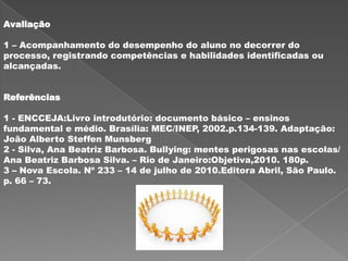 Avaliação

1 – Acompanhamento do desempenho do aluno no decorrer do
processo, registrando competências e habilidades identificadas ou
alcançadas.


Referências

1 - ENCCEJA:Livro introdutório: documento básico – ensinos
fundamental e médio. Brasília: MEC/INEP, 2002.p.134-139. Adaptação:
João Alberto Steffen Munsberg
2 - Silva, Ana Beatriz Barbosa. Bullying: mentes perigosas nas escolas/
Ana Beatriz Barbosa Silva. – Rio de Janeiro:Objetiva,2010. 180p.
3 – Nova Escola. Nº 233 – 14 de julho de 2010.Editora Abril, São Paulo.
p. 66 – 73.
 