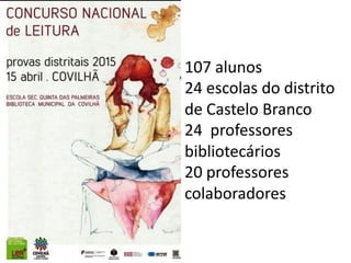 107 alunos
24 escolas do distrito
de Castelo Branco
24 professores
bibliotecários
20 professores
colaboradores
 